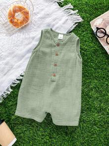 Mint Green Semi-Sheer Baby Boys Romper Sleeveless Round Neck Button Front Short Length Design - Mint Green - View 4