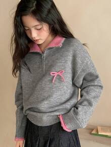 DAZY Maglione casual con colletto a fiocco e blocchi di colore per ragazze pre-adolescenti, autunno/inverno