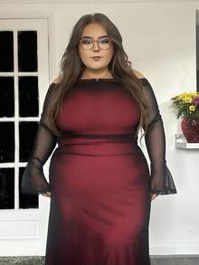 Hourglow 大码优雅通勤职场知性高端场所精致下午茶，略带性感，适合约会、音乐会和派对，INS时尚复古学院风优雅性感派对、聚会、约会之夜红色露肩网眼覆盖长袖半透明性感美人鱼连衣裙；节日；新年；派对；优雅办公室仙女裙；新年派对礼服 - 彩色 - 查看 5