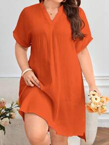 SHEIN Frenchy 大码休闲纯色V领连衣裙，夏季 - 亮橙色 - 查看 5