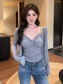 DAZY Women's Solid Color Camisole & Cardigan 2 Pieces Set Spring Lounge Sets For Women - Grey - View 13