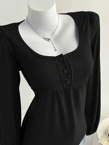 Comfortcana 女士黑色休闲Y2K拼接长袖纽扣T恤，适合春季、感恩节、新年等场合。 - 黑色 - 查看 3