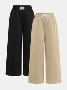 SHEIN 2Pcs Tween Girls Casual Solid Khaki And Black Patch Dec Loose Wide Leg Pants, Black + Pink, Relaxed Style, Back To School Season 2 Pack Pants Baggy Pants 2 Piece Sets Pants Pack Pants Y2k - Khaki - View 10