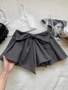 SHEIN EZwear Falda gris plisada con decoración de lazo de unicolor simple, casual para vacaciones - Gris - Ver 3
