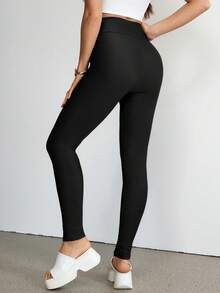 SHEIN Tall 纯色基础款女士休闲户外紧身裤 - 黑色 - 查看 2