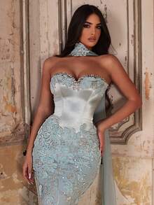 Glamrae 优雅奢华的绿色3D立体花朵串珠弹力针织美人鱼裙，性感无肩带设计，适合婚礼、派对、度假、盛大晚宴等场合（装饰繁复） - 草綠色 - 查看 2