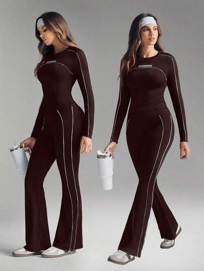 With My Calm Women's Tight-Fitting Black & White Long Sleeve Round Neck Sports T-Shirt, Flared Sports Pants, Women's Sports Suit