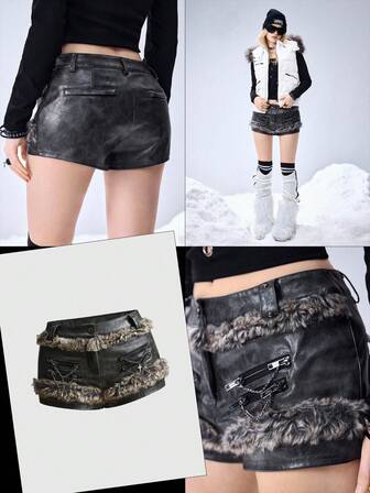 Grunge Punk Shorts mini sexy de cintura baja con parches de piel sintética y lavado desgastado