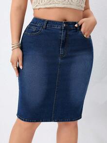 EMERY ROSE Plus Size Women's Vintage Washed Denim Mini Skirt, Spring/Summer - Dark Wash - View 8