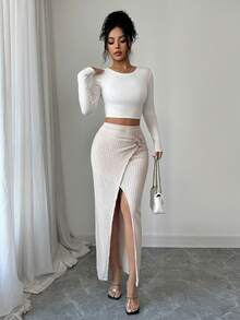SHEIN Elenzya Women's Elegant Elastic Textured Fabric Metal Buckle Decor High Slit Skirt, Spring/Autumn - Apricot - View 3