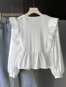 Teen Girls White Casual Sweet Lace Patchwork Ruffle Trim Long Sleeve Blouse White Long Sleeve Top Ruffle Lace White Top Blouses For Teen Girls - White - View 2