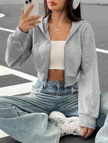 SHEIN EZwear Women Casual Solid Y2k Zip Up Crop Hoodie Graduation,Back To School Outfits,Graduation,Teacher Outfits For Women,Back To School In Fall/Winter - Grey - View 1