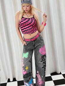 Y2Kool Vecteezy 女士冬季新年休闲宽松直筒牛仔裤，纽扣口袋，日常穿着，搭配灵感包括印花牛仔裤、Y2K牛仔裤、设计牛仔裤、火焰牛仔裤等，时尚服饰系列，新年穿搭，Emo裤，图案牛仔裤，辣妹棉质牛仔裤。 - 灰色 - 查看 2