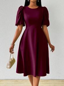 Lyxana Women Long Puff Sleeve Cinched Waist Green Dress Spring Summer Maxi Women Outfit - Burgundy - View 4