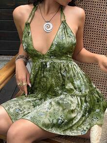 Sunnyshic 女式休闲佩斯利印花露背系带蝴蝶结太阳裙，适合春夏季度假和日常穿着 - 彩色 - 查看 4