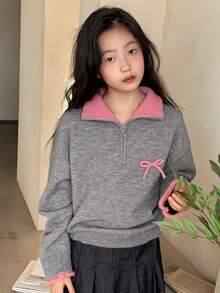 DAZY Maglione casual con colletto a fiocco e blocchi di colore per ragazze pre-adolescenti, autunno/inverno