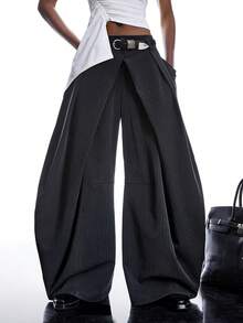 LYSMO 女士条纹褶裥口袋阔腿宽松休闲裤 - 深灰色 - 查看 5