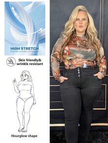 Hourglow Dollyholly86 Plus Figure Graphic Lettuce Trim Mesh Top, For Hourglass Body Shape - Multicolor - View 1