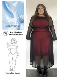 Hourglow 大码优雅通勤职场知性高端场所精致下午茶，略带性感，适合约会、音乐会和派对，INS时尚复古学院风优雅性感派对、聚会、约会之夜红色露肩网眼覆盖长袖半透明性感美人鱼连衣裙；节日；新年；派对；优雅办公室仙女裙；新年派对礼服 - 彩色 - 查看 1