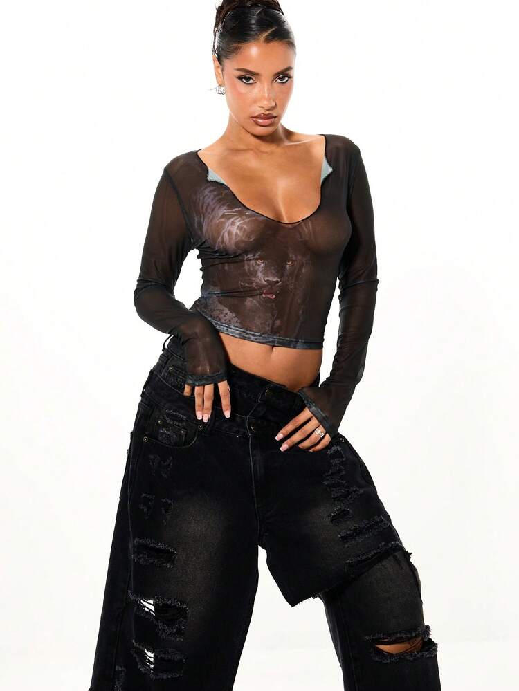 SUMWON WOMEN Panther Print Mesh Notch Neck Top