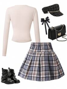 SHEIN 女童休闲长袖T恤和百褶裙套装，黑色罗纹上衣搭配棕色格子裙，适合散步、购物、旅行和外出，可搭配背心、夹克、外套。 - 淺灰色 - 查看 2