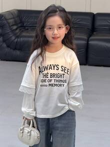 DAZY Young Girls Round Neck English Letter Lace Patchwork Long Sleeve T-Shirt Spring - White - View 6