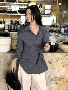 DAZY Women's Casual Tie-Up Korean Style Plaid Long Sleeve Shirt