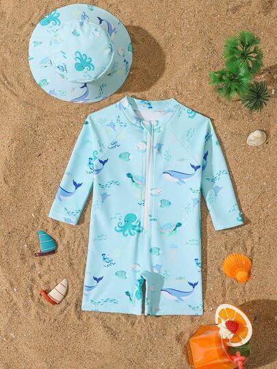 Traje de baño con cremallera y protección solar de manga larga con estampado de tiburón y ballena para recién nacidos
