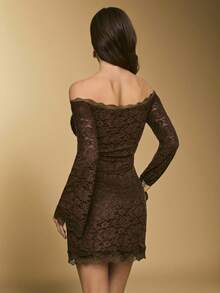 Poéselle 女士时尚露肩长袖优雅短裙 - 棕色 - 查看 4