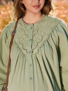 Boho Mama Autumn Green Lantern Sleeve Loose-Fitting Cotton-Lined Maternity Top With Lace Trim - Bohemian Casual Maternity Top - Green - View 8