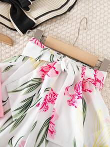 Elladie kids 2 Stück/Set Mädchen süßes einfarbiges Set aus Off-Shoulder Trägertop mit Rissen und weiter Bein Shorts mit Gürtel - Pink - Übersicht 5