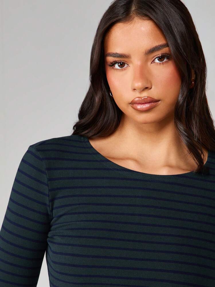 MISSGUIDED Fitted Long Sleeve Horizontal Striped Maxi Dress Bodycon Winter Fall Casual Day Elegant Ankle Length Round Neck Ribbed Knit