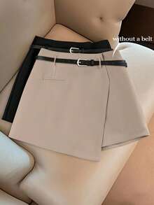 SHEIN PETITE CURVE 大码女式休闲A字纯色短裤 - 杏色 - 查看 3