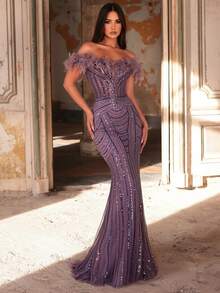 Glamrae 优雅奢华的露肩羽毛、珠饰和亮片花卉美人鱼礼服，适合婚礼、派对、度假、晚宴、正式活动（装饰繁复） - 紫色 - 查看 6