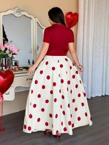 Vionelle Women's Elegant Polka Dot Knitted Short Sleeve Crop Tee And Skirt Two Piece Set - Burgundy - View 2