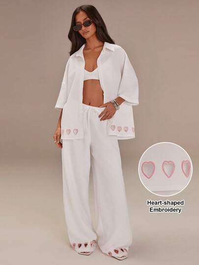 Athîral 女士休闲通勤可爱心形镂空刺绣粉白衬衫裤套装，适合情人节