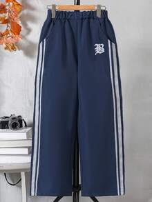 Mirajuku Teenage Boys' Fashion Striped Patchwork Letter Print Wide Leg Casual Pants - Navy Blue - View 3