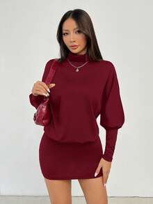 SHEIN PETITE Đầm ngắn ôm sát cơ thể cổ cao tay cánh dơi hở lưng thời trang dành cho nữ, đầm hở lưng màu đỏ tía. - Màu Đỏ Sâu - Xem 5