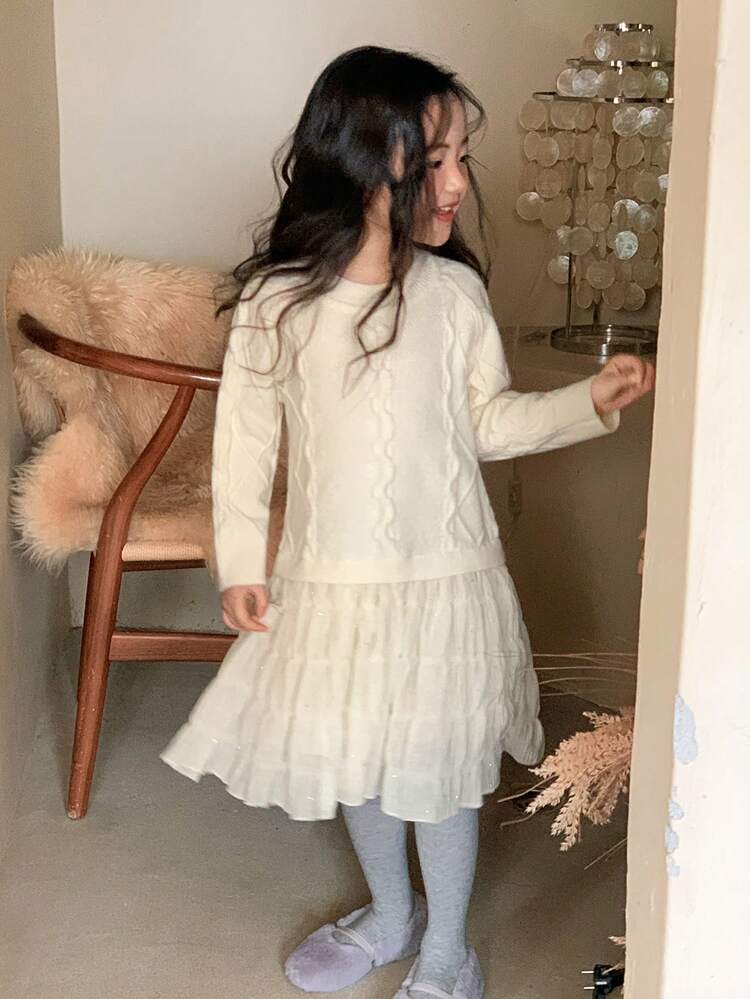 Young Girls Round Neck Twist Knit Patchwork Korean Style Casual Sweater Dress