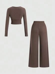 Sweetra Women's Coffee Brown 2-Piece Set,Fall Winter Casual Loungewear Plush Ribbed Fabric Ruched Design Adjustable Waistband Textured Solid Color Outfits - Coffee Brown - View 2