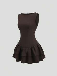 SHEIN Sweetro 复古浪漫优雅俏皮可爱甜美波西米亚风音乐节度假约会通勤工作无袖A字双层荷叶边迷你连衣裙，春夏秋冬皆宜 - 咖啡 - 查看 6