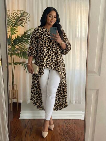 SHEIN Lady CURVE Plus Size Spring And Summer Elegant Commuting Office Casual Boho Colorful Woven Leopard Print Round Neck High Low Quarter Sleeves Blouse Valentine's Day