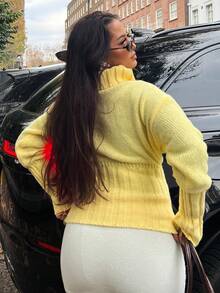 NegzBox Suéter de cuello alto de punto grueso acanalado para mujer, color amarillo, manga larga, otoño/invierno - Amarillo - Ver 2