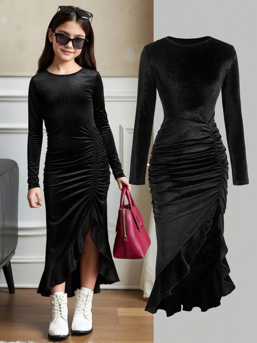 SHEIN Tween Girl Casual Elegant Round Neck Long Sleeve Irregular Hem Frill Trim Long Fitted Solid Color Knit Maxi Dress, Black, Suitable For Halloween Party, Home, Outing, School, Gathering - Black - View 1