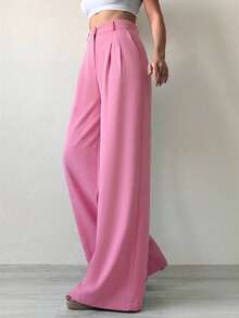 SHEIN Tall 女款純色寬腿西裝長褲，適合高個女性 - 粉色 - 查看 5