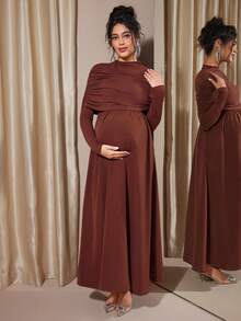 SHEIN Maternity Dress With Long Sleeves, Elegant Fitted Style, Suitable For Autumn/Winter Pregnancy - Mocha Brown - View 6