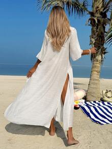 Swim Vcay 女士夏季度假沙滩连衣裙，V领纯色编织钩编莲花图案拼接，法式优雅奢华性感中长连衣裙 - 白色 - 查看 3