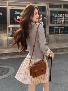 DAZY 充满青春气息的女士休闲撞色衬衫裙 - 灰色 - 查看 2