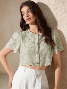 BELROSIE Blusa ricamata con fiori di ciliegio, design con scollo rotondo e ricamo 3D, orlo ondulato per un aspetto lusinghiero, tessuto fluido, romantica per primavera, adatta per picnic e appuntamenti, camicia da donna - Verde - Visualizzare 4