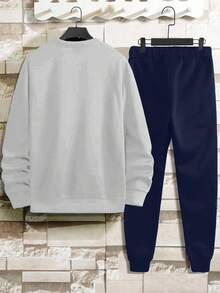 Cotton 2pcs/Set Men's Letter Printed Hoodie And Sweatpants Set - Grey - View 2